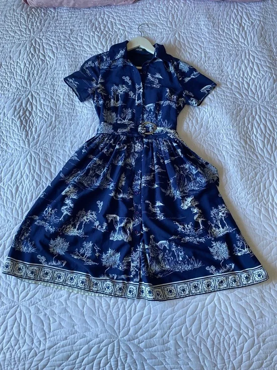 Navy Toile Print Shirt Dress Belted European Summer Style - Picture 2 of 8